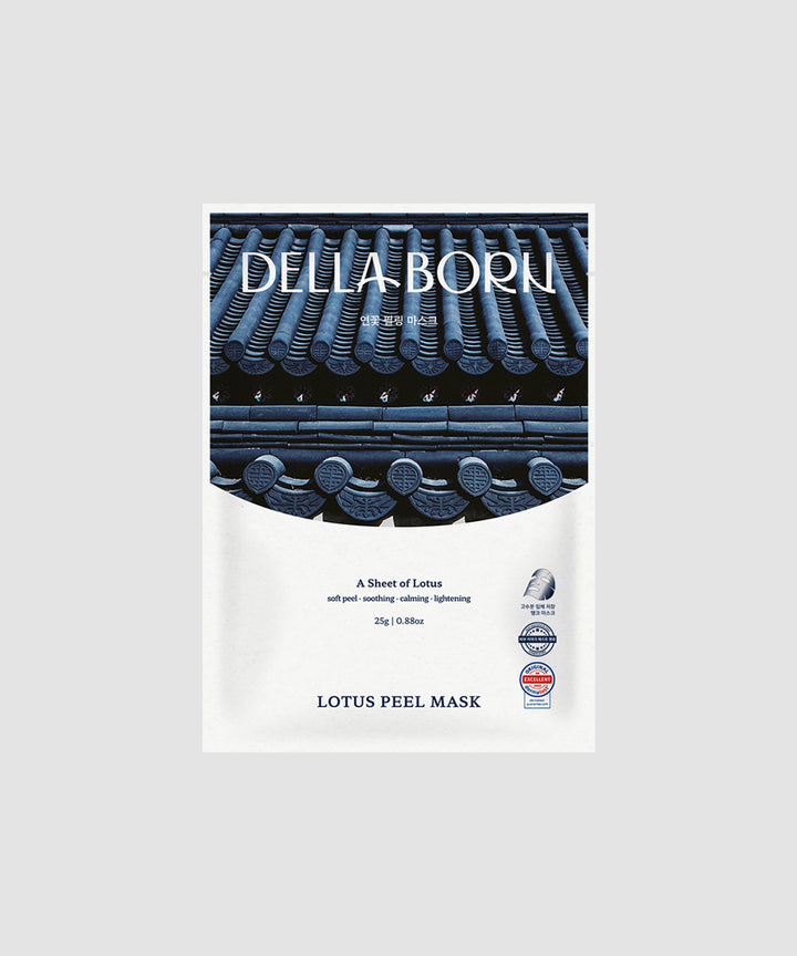 DELLA BORN Lotus Peel Mask 25g x 7ea – High-moisture 3D storage tank mask offering peeling, moisturizing, soothing, whitening, and radiance improvement; formulated with AHA, BHA, PHA, and white willow bark extract to gently remove dead skin cells and impurities without irritation. 