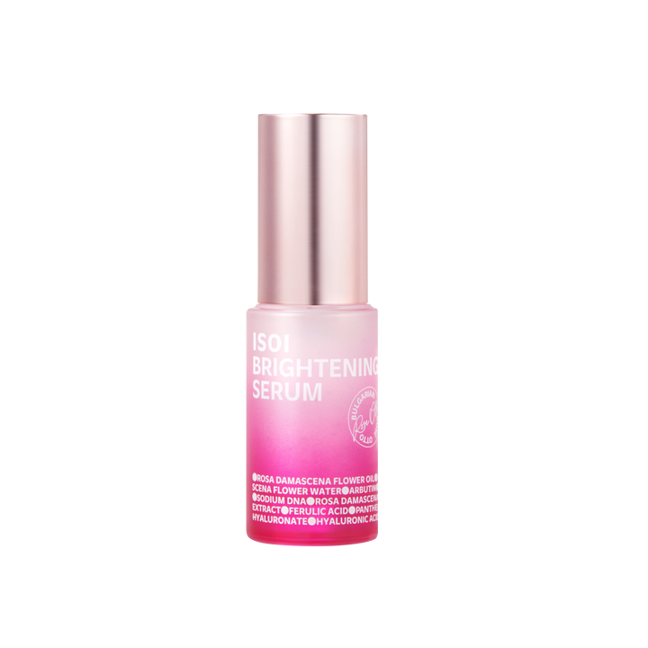 Serum bottle with pink gradient and metallic cap on a white background