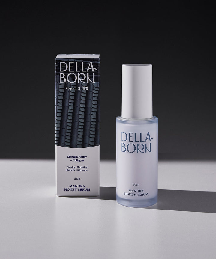 DELLA BORN Manuka Honey Serum 30ml bottle with 36% New Zealand Manuka honey, collagen extract, and hyaluronic acid for skin hydration, elasticity, and brightening. 