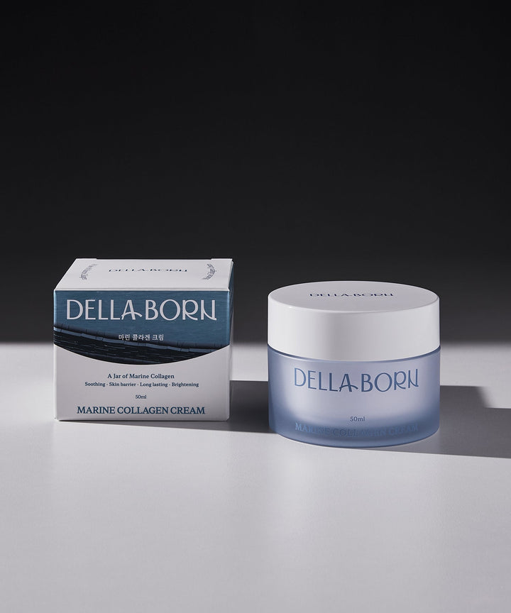 DELLA BORN Marine Collagen Cream 50ml – Anti-aging moisturizer with 10,000 ppm marine collagen, niacinamide, and adenosine; enhances skin elasticity, reduces wrinkles, and brightens complexion; enriched with centella asiatica and white flower complex for soothing and hydration; suitable for all skin types, including sensitive skin. 
