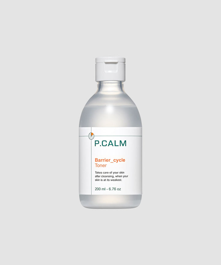 P.CALM Barrier Cycle Toner 200ml bottle with a sleek design, formulated for sensitive and acne-prone skin, featuring key ingredients like Azulene, Centella Asiatica, and Tea Tree to soothe, hydrate, and strengthen the skin barrier. 