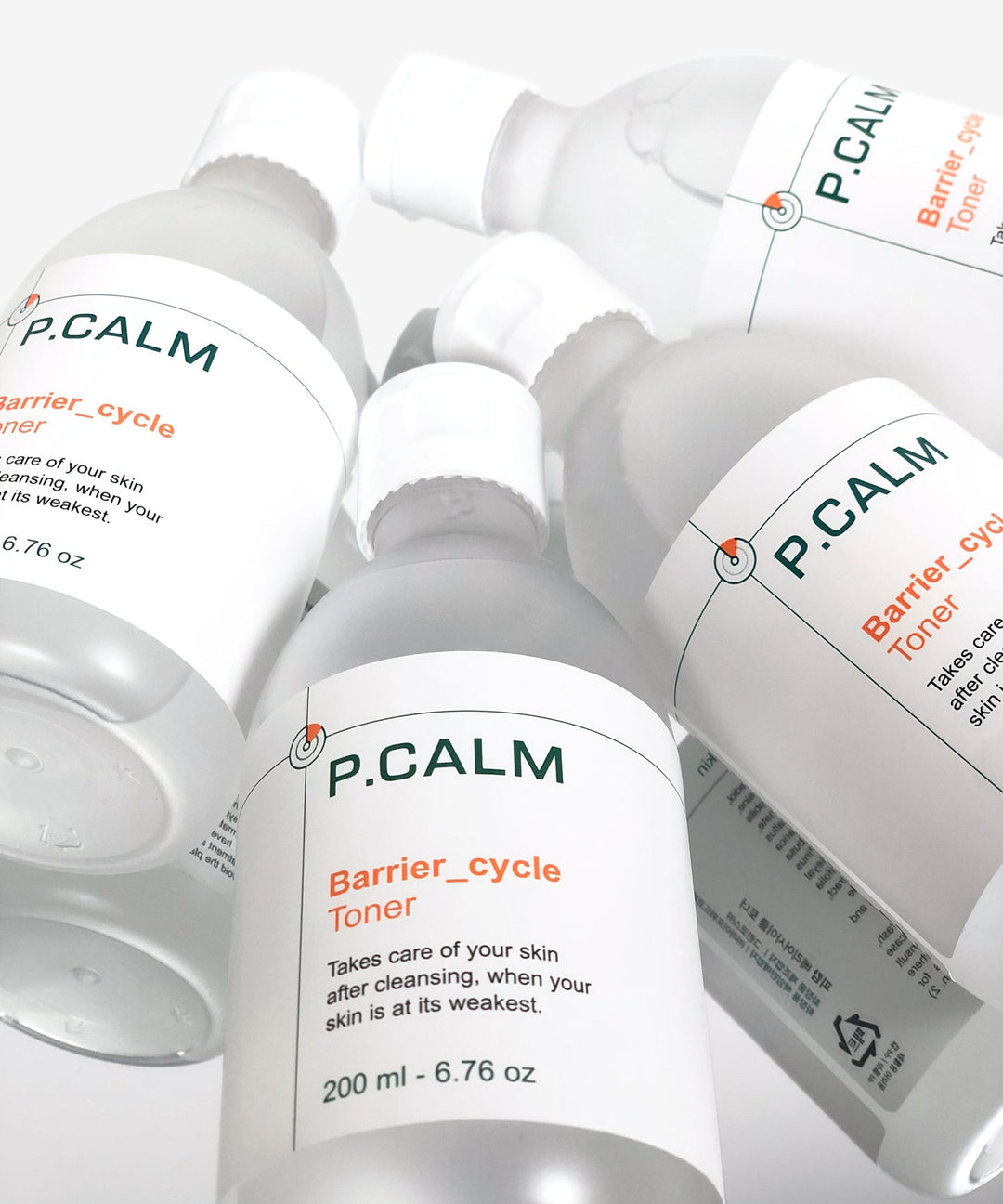 P.CALM Barrier Cycle Toner 200ml bottle with a sleek design, formulated for sensitive and acne-prone skin, featuring key ingredients like Azulene, Centella Asiatica, and Tea Tree to soothe, hydrate, and strengthen the skin barrier. 