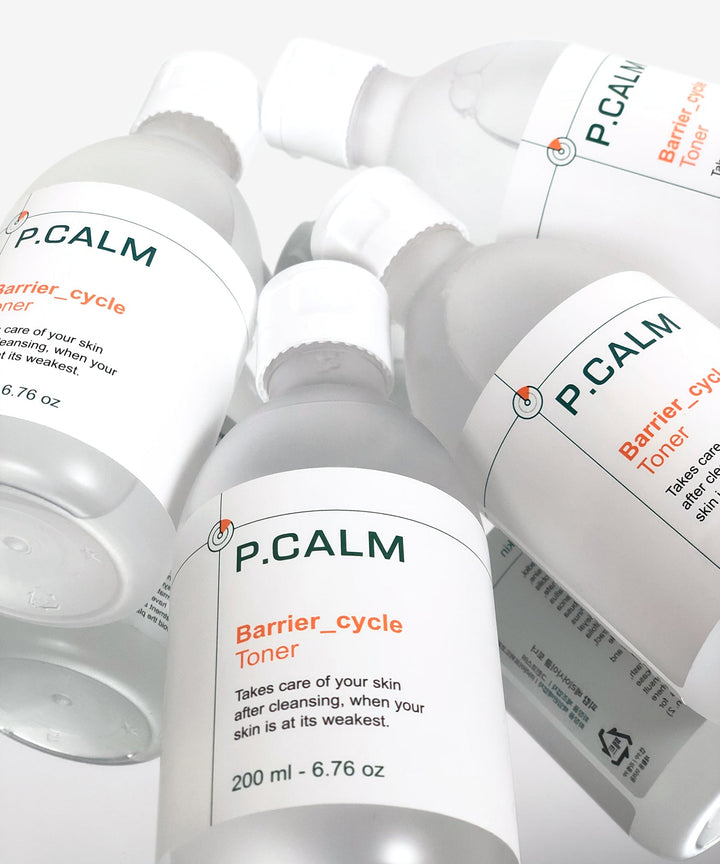 P.CALM Barrier Cycle Toner 200ml bottle with a sleek design, formulated for sensitive and acne-prone skin, featuring key ingredients like Azulene, Centella Asiatica, and Tea Tree to soothe, hydrate, and strengthen the skin barrier. 