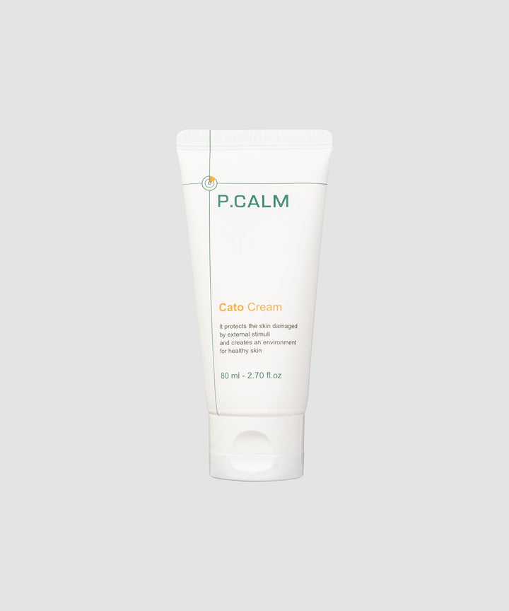 P.CALM Cato Cream 80ml – soothing moisturizer with Cato-Barrier Complex (ceramides, cholesterol, fatty acids) for long-lasting hydration, brightening, and skin barrier strengthening; free from artificial colorants and fragrances; suitable for sensitive skin. 
