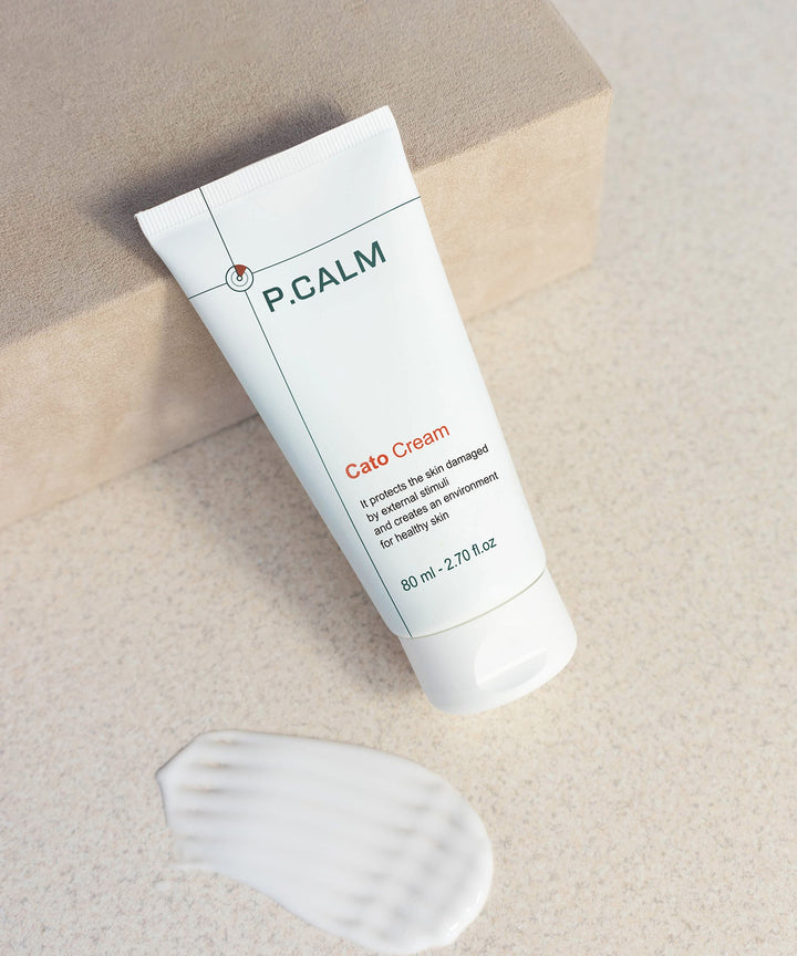 P.CALM Cato Cream 80ml – soothing moisturizer with Cato-Barrier Complex (ceramides, cholesterol, fatty acids) for long-lasting hydration, brightening, and skin barrier strengthening; free from artificial colorants and fragrances; suitable for sensitive skin. 