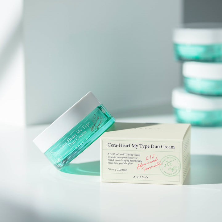AXIS-Y Cera-Heart My Type Duo Cream 60ml – dual-function moisturizer with blue gel for T-zone and white cream for U-zone, featuring Centella Asiatica and Sorghum extracts for balanced hydration and anti-aging benefits. 