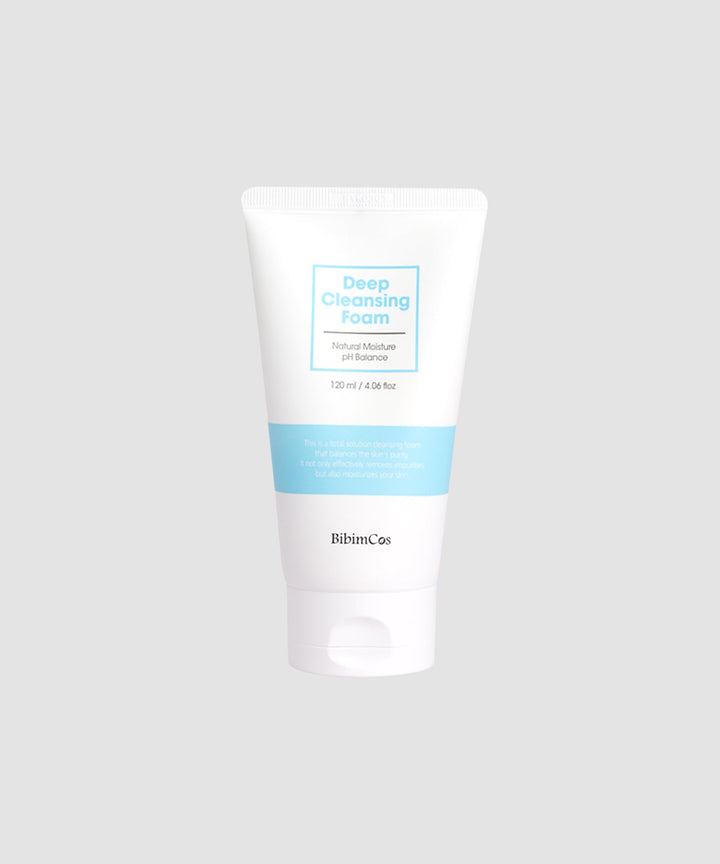 BibimCos Deep Cleansing Foam 120ml tube, a hydrating facial cleanser enriched with 8 types of hyaluronic acid, 22 amino acids, and plant extracts, designed for deep cleansing and moisture balance. 