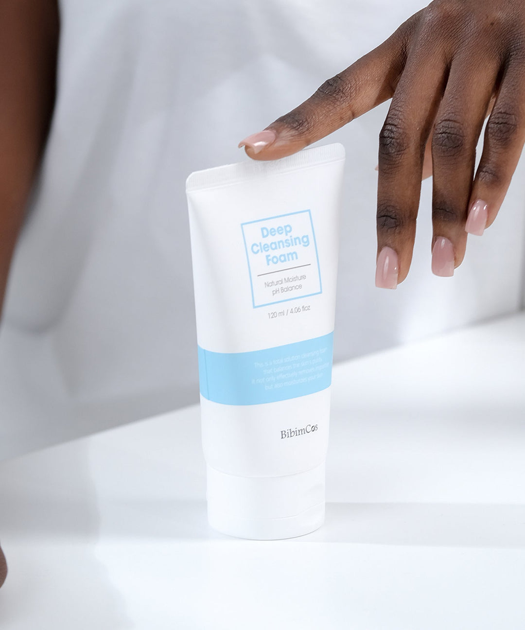 BibimCos Deep Cleansing Foam 120ml tube, a hydrating facial cleanser enriched with 8 types of hyaluronic acid, 22 amino acids, and plant extracts, designed for deep cleansing and moisture balance. 