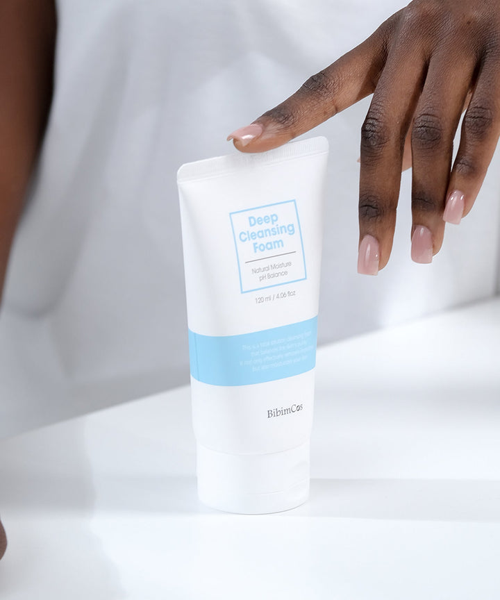 BibimCos Deep Cleansing Foam 120ml tube, a hydrating facial cleanser enriched with 8 types of hyaluronic acid, 22 amino acids, and plant extracts, designed for deep cleansing and moisture balance. 
