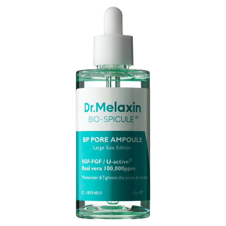 Dr. Melaxin BP Pore Ampoule 30ml bottle with dropper, designed for pore reduction and skin brightening, featuring micro needle bio-spicules technology. 