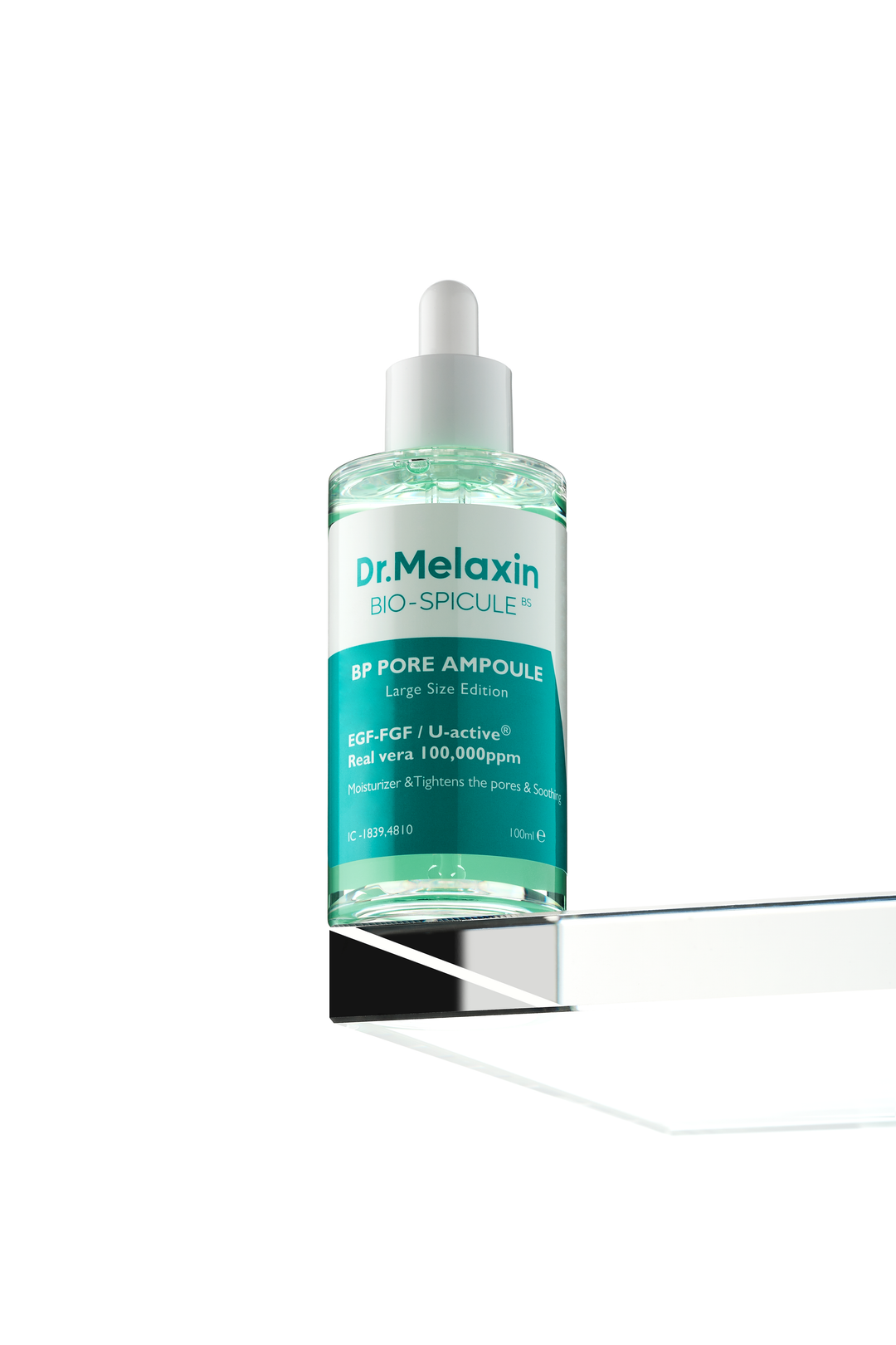 Dr. Melaxin BP Pore Ampoule 30ml bottle with dropper, designed for pore reduction and skin brightening, featuring micro needle bio-spicules technology. 