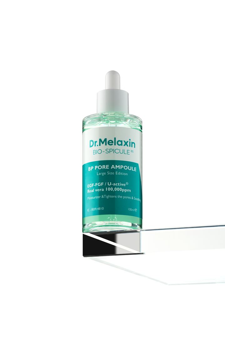 Dr. Melaxin BP Pore Ampoule 30ml bottle with dropper, designed for pore reduction and skin brightening, featuring micro needle bio-spicules technology. 