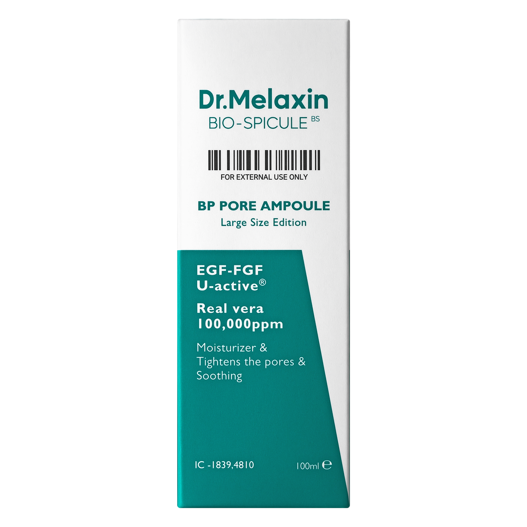 Dr. Melaxin BP Pore Ampoule 30ml bottle with dropper, designed for pore reduction and skin brightening, featuring micro needle bio-spicules technology. 