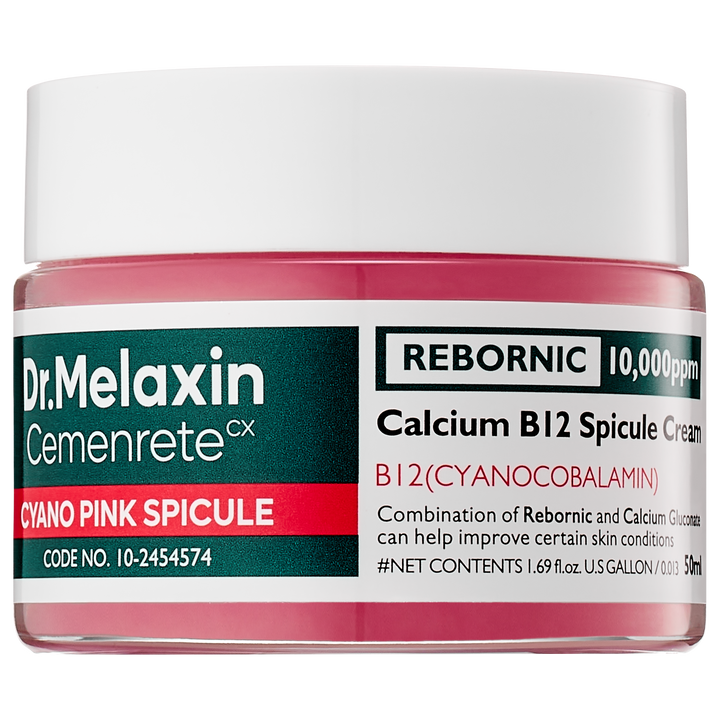 Dr.Melaxin Cemenrete Cyano Pink Spicule Cream 50ml – a pink spicule cream enriched with Vitamin B12, niacinamide, and hyaluronic acid to hydrate, brighten, and restore skin elasticity, promoting a youthful complexion. 