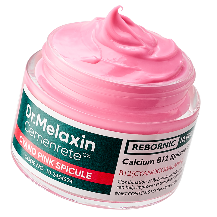 Dr.Melaxin Cemenrete Cyano Pink Spicule Cream 50ml – a pink spicule cream enriched with Vitamin B12, niacinamide, and hyaluronic acid to hydrate, brighten, and restore skin elasticity, promoting a youthful complexion. 