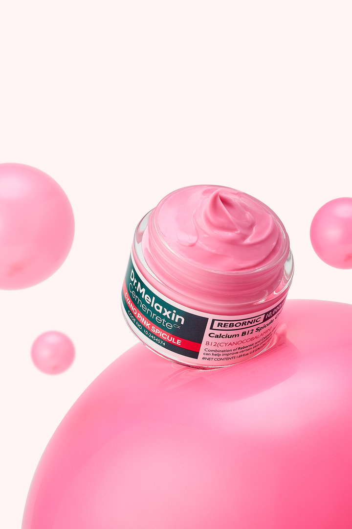 Dr.Melaxin Cemenrete Cyano Pink Spicule Cream 50ml – a pink spicule cream enriched with Vitamin B12, niacinamide, and hyaluronic acid to hydrate, brighten, and restore skin elasticity, promoting a youthful complexion. 