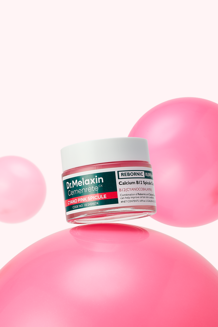 Dr.Melaxin Cemenrete Cyano Pink Spicule Cream 50ml – a pink spicule cream enriched with Vitamin B12, niacinamide, and hyaluronic acid to hydrate, brighten, and restore skin elasticity, promoting a youthful complexion. 