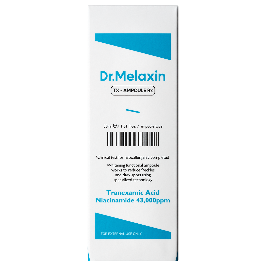 Dr.Melaxin TX Ampoule Rx 30ml - Advanced dark spot correcting serum with Tranexamic Acid and 43,000 ppm Niacinamide to reduce freckles and brighten skin tone. 