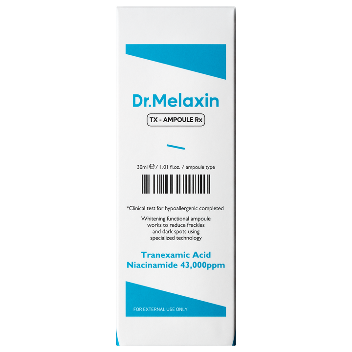Dr.Melaxin TX Ampoule Rx 30ml - Advanced dark spot correcting serum with Tranexamic Acid and 43,000 ppm Niacinamide to reduce freckles and brighten skin tone. 