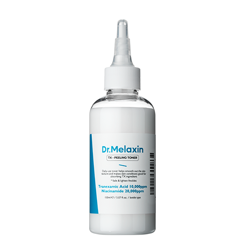 Dr.Melaxin TX Peeling Toner 150ml bottle with label highlighting key ingredients like Tranexamic Acid, Niacinamide, and Hyaluronic Acid, designed for skin brightening and gentle exfoliation. 