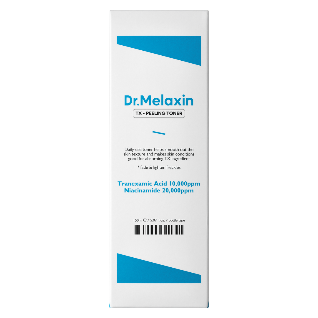 Dr.Melaxin TX Peeling Toner 150ml bottle with label highlighting key ingredients like Tranexamic Acid, Niacinamide, and Hyaluronic Acid, designed for skin brightening and gentle exfoliation. 