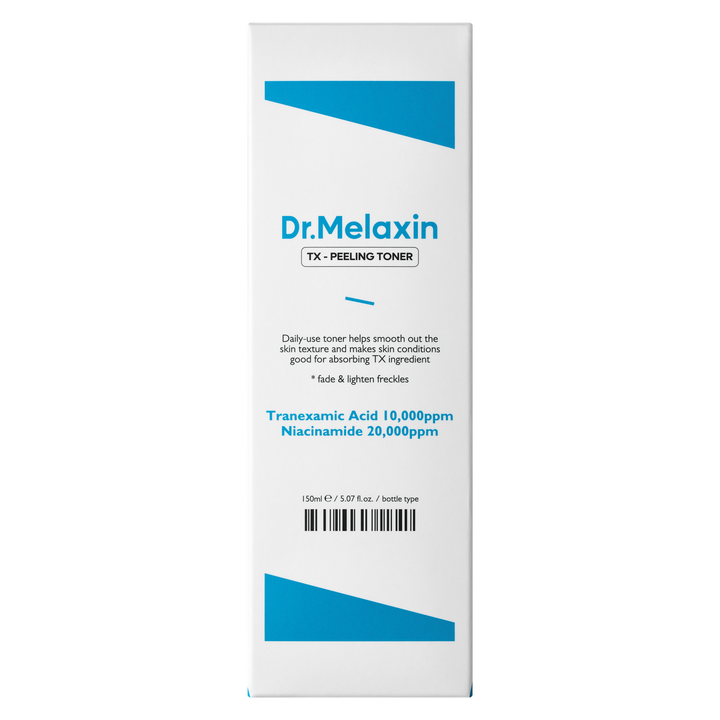 Dr.Melaxin TX Peeling Toner 150ml bottle with label highlighting key ingredients like Tranexamic Acid, Niacinamide, and Hyaluronic Acid, designed for skin brightening and gentle exfoliation. 