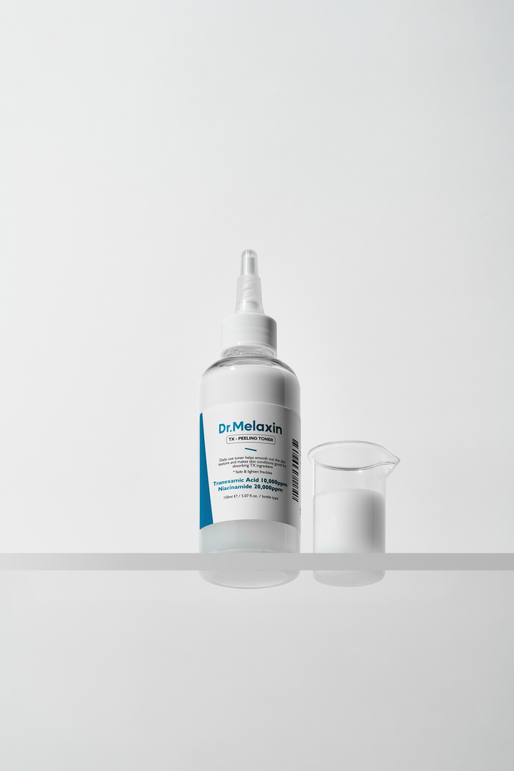 Dr.Melaxin TX Peeling Toner 150ml bottle with label highlighting key ingredients like Tranexamic Acid, Niacinamide, and Hyaluronic Acid, designed for skin brightening and gentle exfoliation. 