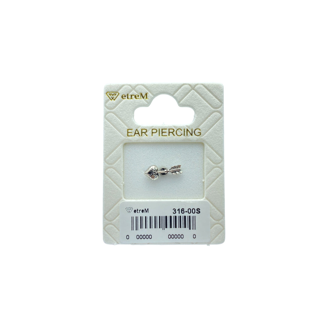 etreM Vintage Heart Arrow Piercing earring featuring a heart and arrow design in sterling silver with cubic zirconia accents. 