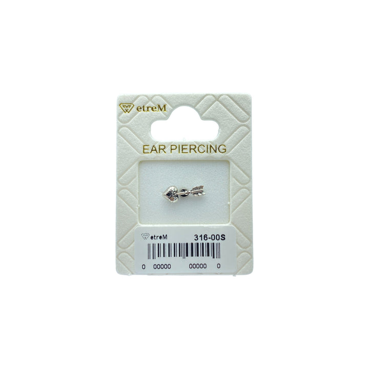 etreM Vintage Heart Arrow Piercing earring featuring a heart and arrow design in sterling silver with cubic zirconia accents. 