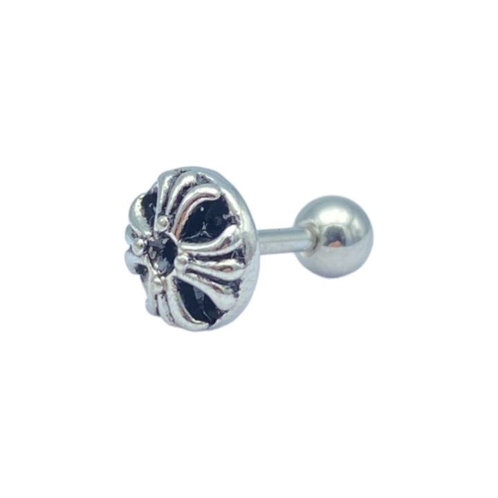 etreM Vintage Shield Piercing for ear, featuring a 7.0mm x 7.0mm brass stud with sterling silver dipping, 1.0mm thick and 8.0mm long 316L surgical steel bar, and ball closure, hypoallergenic and nickel/lead-free. 