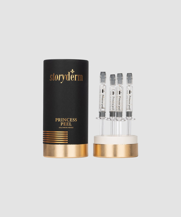 Storyderm Princess Peel 10g – gold spicule peeling product with white spicules extracted from freshwater sponges, designed to enhance skin regeneration, improve elasticity, and reduce wrinkles through micro-stimulation and active ingredient delivery. 