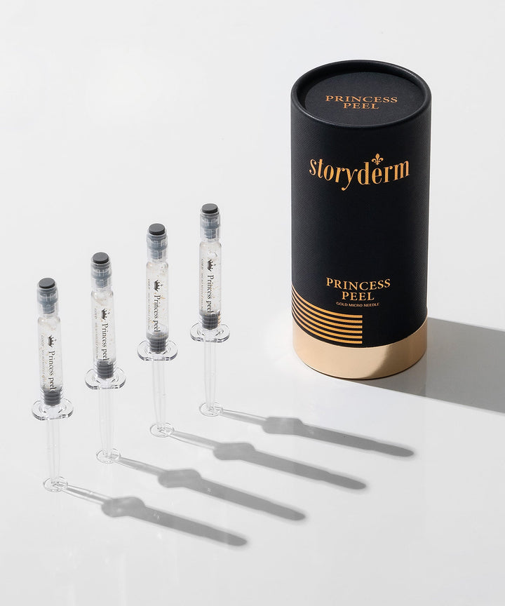 Storyderm Princess Peel 10g – gold spicule peeling product with white spicules extracted from freshwater sponges, designed to enhance skin regeneration, improve elasticity, and reduce wrinkles through micro-stimulation and active ingredient delivery. 