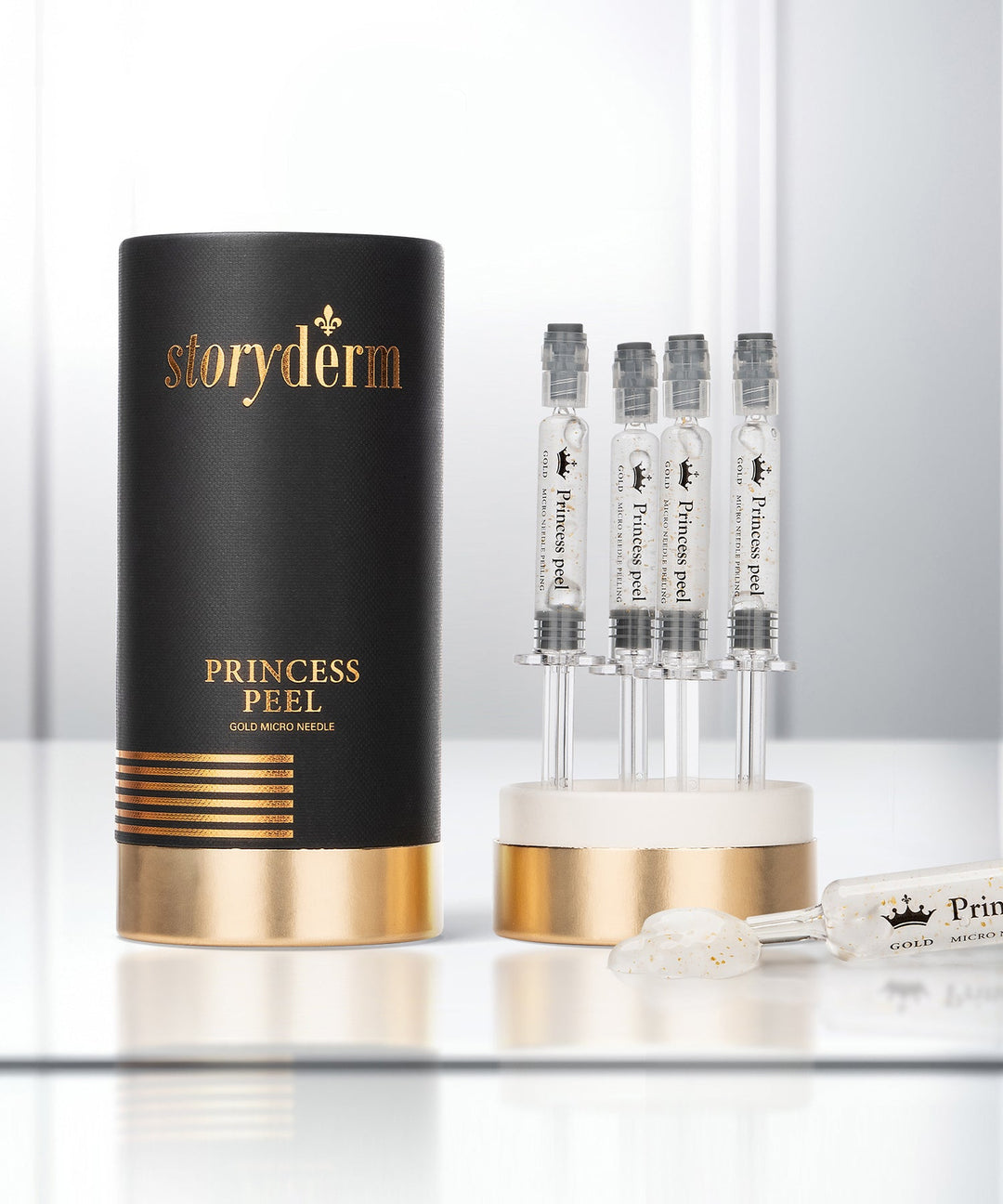 Storyderm Princess Peel 10g – gold spicule peeling product with white spicules extracted from freshwater sponges, designed to enhance skin regeneration, improve elasticity, and reduce wrinkles through micro-stimulation and active ingredient delivery. 