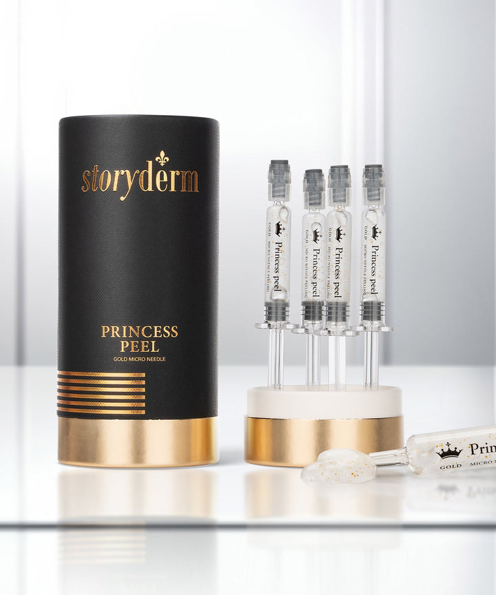 Storyderm Princess Peel 10g – gold spicule peeling product with white spicules extracted from freshwater sponges, designed to enhance skin regeneration, improve elasticity, and reduce wrinkles through micro-stimulation and active ingredient delivery. 