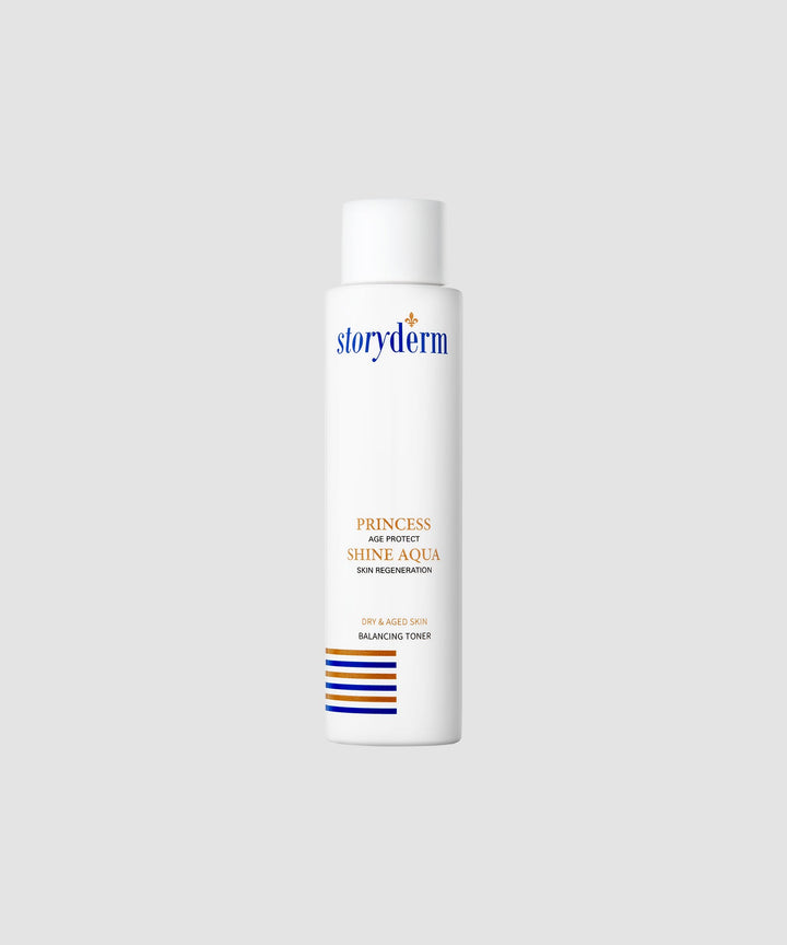 Image of Storyderm Princess Shine Aqua 150ml bottle, a hydrating facial toner designed to restore skin balance, enhance elasticity, and provide deep moisture with key ingredients like hyaluronic acid, beta-glucan, and botanical extracts. 