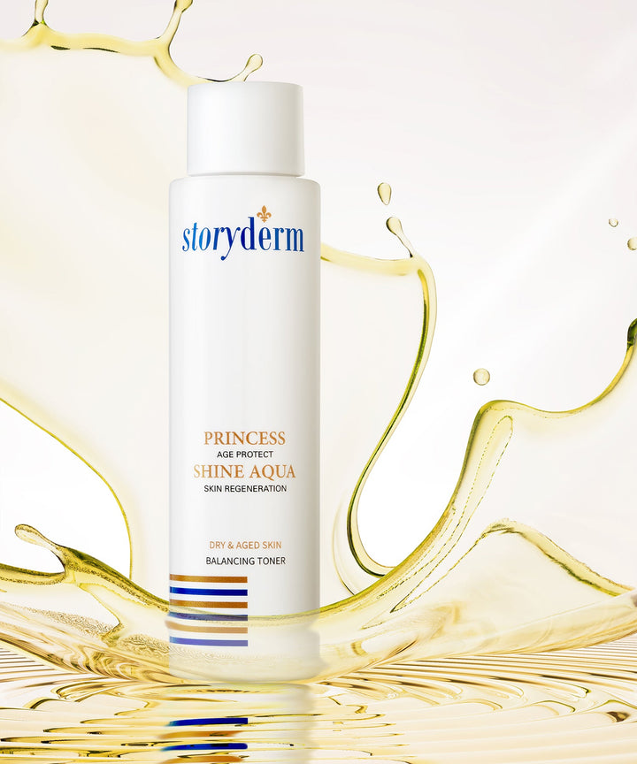 Image of Storyderm Princess Shine Aqua 150ml bottle, a hydrating facial toner designed to restore skin balance, enhance elasticity, and provide deep moisture with key ingredients like hyaluronic acid, beta-glucan, and botanical extracts. 