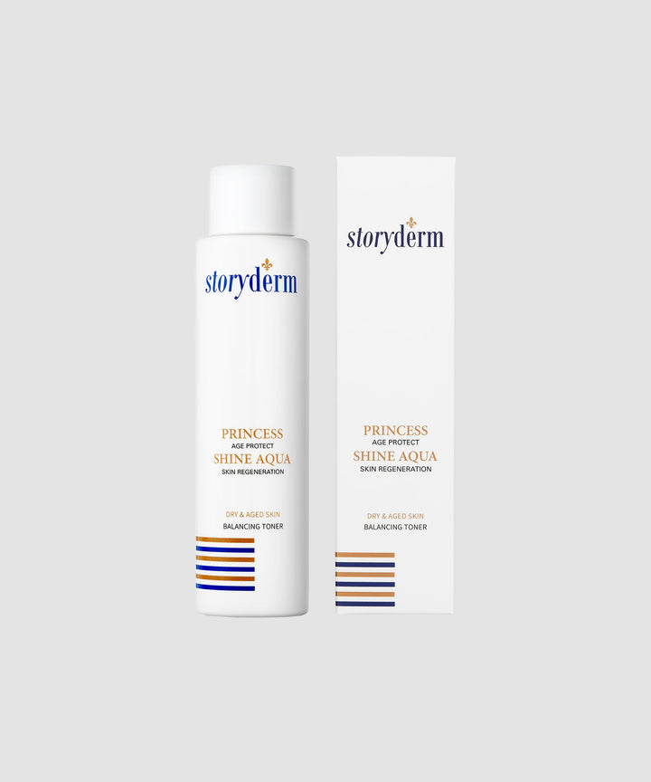 Image of Storyderm Princess Shine Aqua 150ml bottle, a hydrating facial toner designed to restore skin balance, enhance elasticity, and provide deep moisture with key ingredients like hyaluronic acid, beta-glucan, and botanical extracts. 