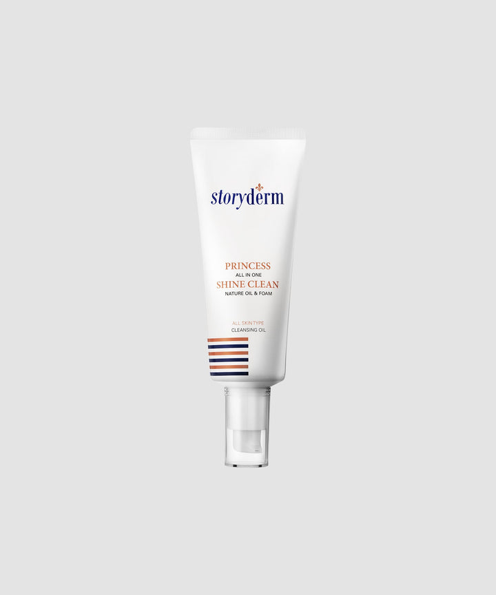 Image of Storyderm Princess Shine Clean 100ml bottle, a non-comedogenic oil-based cleanser containing grape seed oil, macadamia seed oil, and jojoba seed oil, designed to minimize fine lines, reduce inflammation, and moisturize skin. 