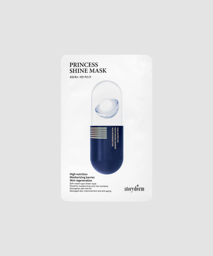 Storyderm Princess Shine Mask 25ml x 10ea – Korean sheet mask with ginseng root extract, shea butter, and centella asiatica, offering antioxidant, anti-aging, and moisturizing benefits for all skin types. 
