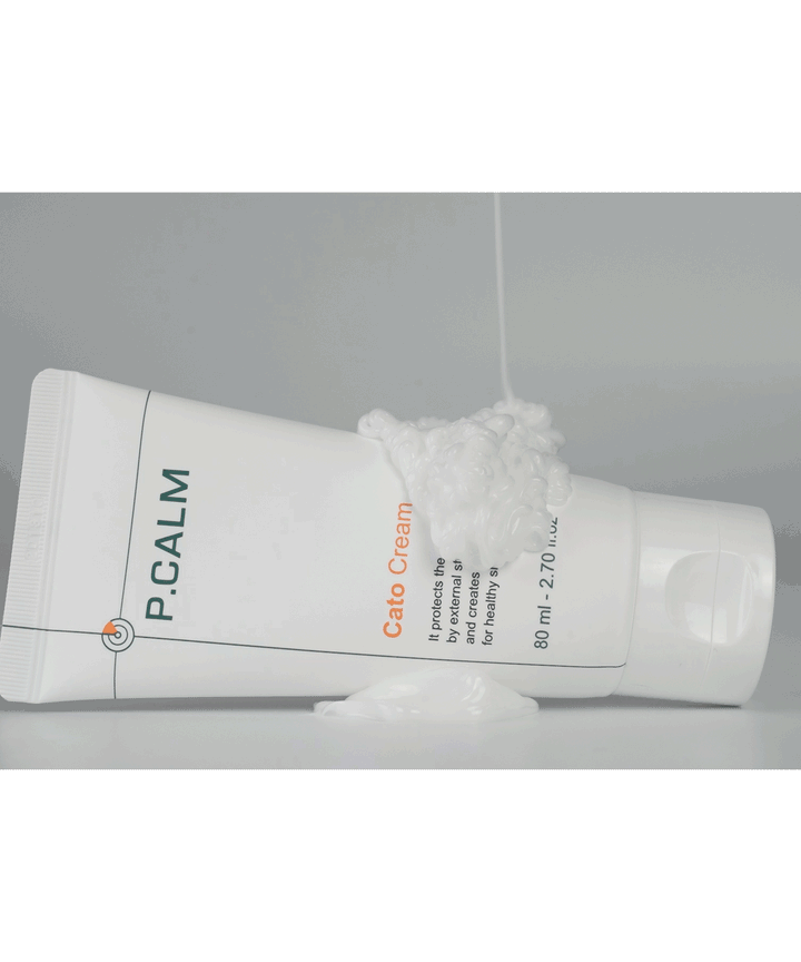 P.CALM Cato Cream 80ml – soothing moisturizer with Cato-Barrier Complex (ceramides, cholesterol, fatty acids) for long-lasting hydration, brightening, and skin barrier strengthening; free from artificial colorants and fragrances; suitable for sensitive skin. 