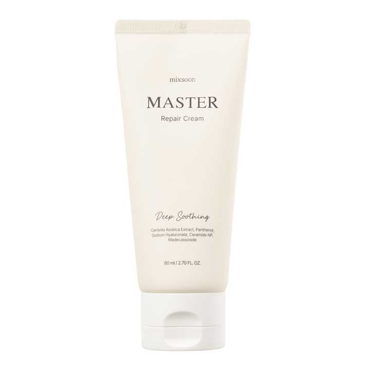 Mixsoon Master Repair Cream Deep Soothing 80ml – lightweight moisturizer with Centella Asiatica, Madecassoside, Panthenol, Hyaluronic Acid, and Ceramide NP to soothe, hydrate, and strengthen the skin barrier. 