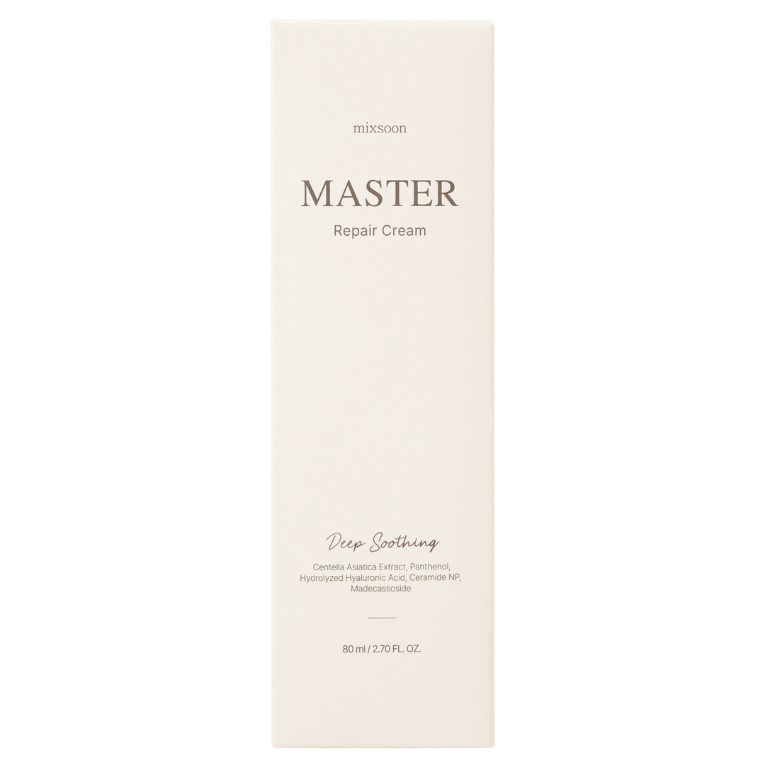 Mixsoon Master Repair Cream Deep Soothing 80ml – lightweight moisturizer with Centella Asiatica, Madecassoside, Panthenol, Hyaluronic Acid, and Ceramide NP to soothe, hydrate, and strengthen the skin barrier. 