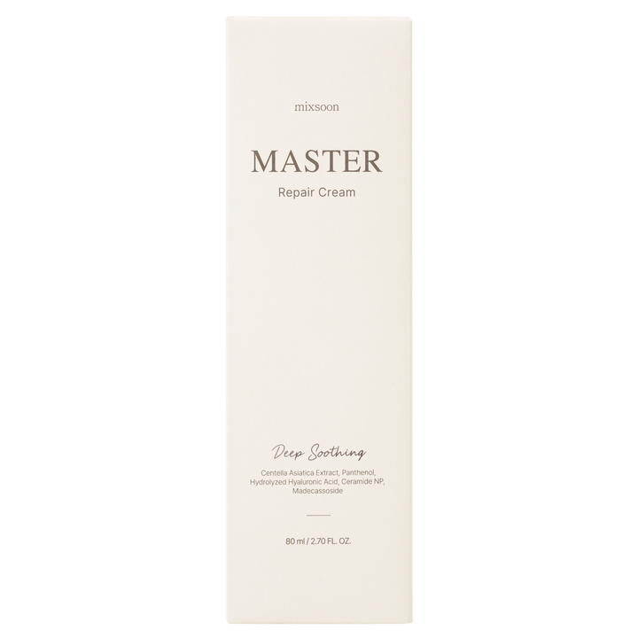 Mixsoon Master Repair Cream Deep Soothing 80ml – lightweight moisturizer with Centella Asiatica, Madecassoside, Panthenol, Hyaluronic Acid, and Ceramide NP to soothe, hydrate, and strengthen the skin barrier. 