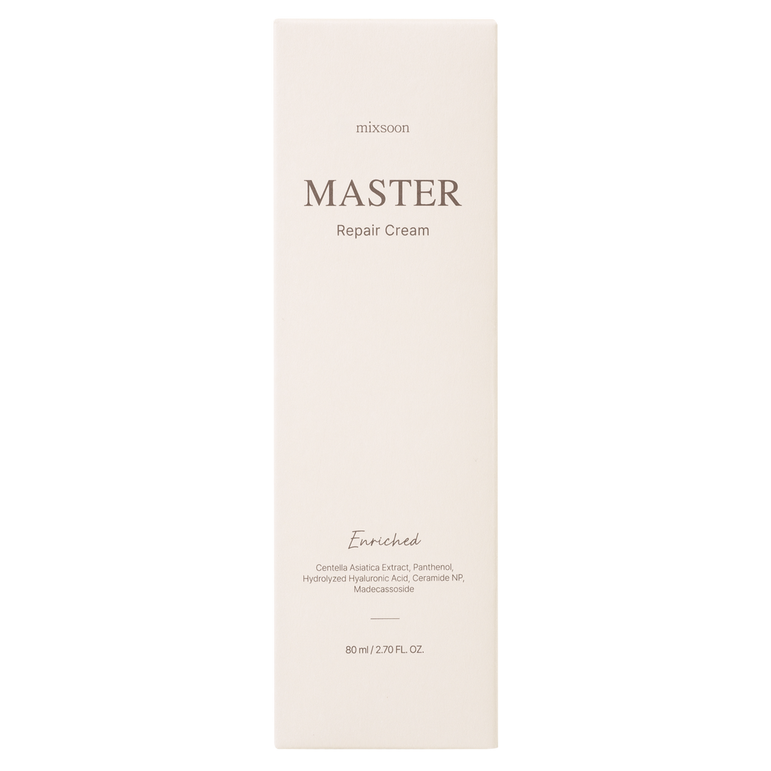 Mixsoon Master Repair Cream Deep Soothing 80ml – lightweight moisturizer with Centella Asiatica, Madecassoside, Panthenol, Hyaluronic Acid, and Ceramide NP to soothe, hydrate, and strengthen the skin barrier. 